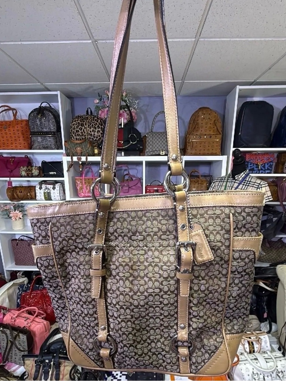 Coach Brown Monogram Tote with Tan Leather Trim